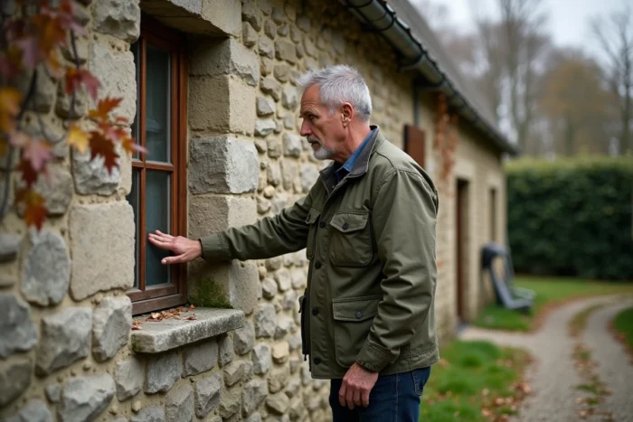 Homme inspectant les joints d'un mur extérieur en pierre d'une maison ancienne pour améliorer l'isolation thermique