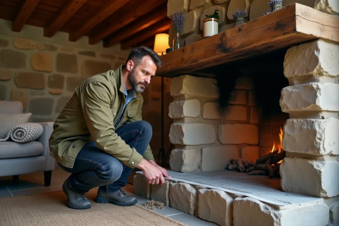 Homme posant un joint isolant sur un volet en bois près d'une cheminée en pierre dans une maison ancienne