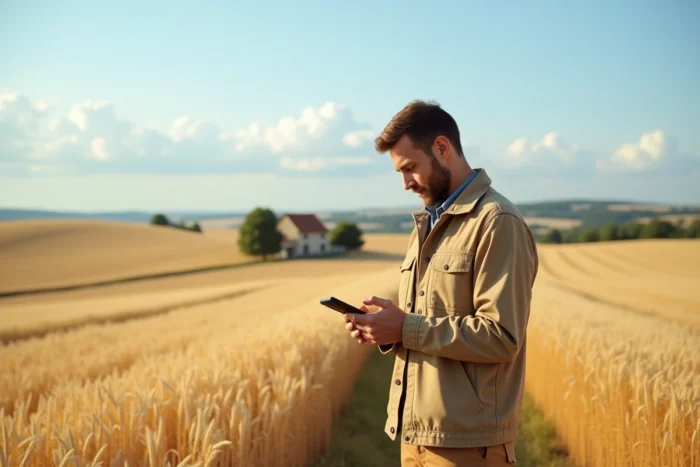 Jeune agriculteur consultant une application bancaire mobile sur smartphone au milieu de ses champs de blé