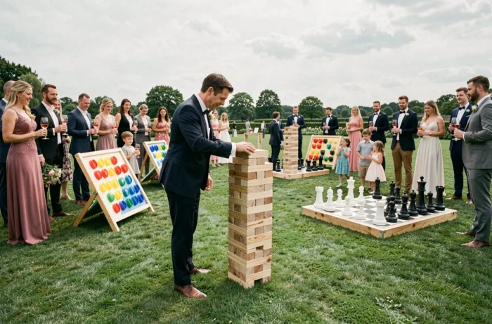 Jeux de société géants en plein air lors d'un mariage avec des invités élégants jouant à un Jenga géant et d'autres jeux grandeur nature