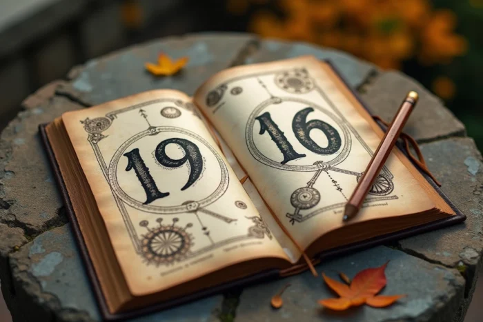 Journal en cuir ouvert sur une table en pierre avec des notes numérologique autour de l'heure miroir 19h16 écrite à la main