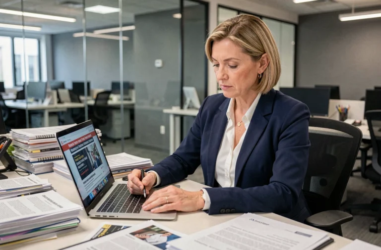 Journaliste professionnelle assise dans une rédaction moderne, révisant ses notes avec concentration, ambiance éditoriale réaliste
