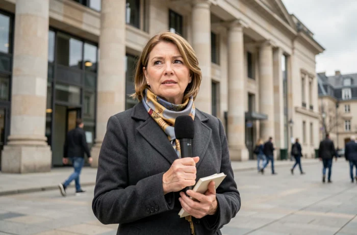 Journaliste femme en reportage extérieur devant un bâtiment institutionnel européen, microphone en main, posture professionnelle assurée