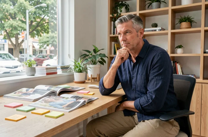 Homme évaluant un magazine éditorial dans son bureau à domicile, entouré de revues et de notes