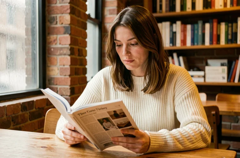 Femme lisant Epershand Magazine dans un café avec une expression de concentration et d'intérêt