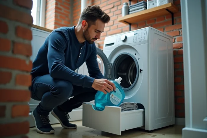 Homme versant de la lessive liquide dans le tiroir d'une machine à laver dans un appartement urbain