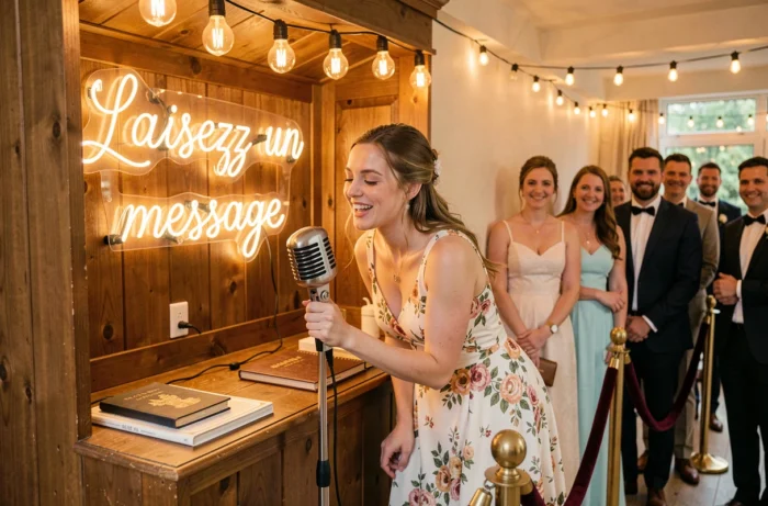 Invitée enregistrant un message vocal dans une cabine de livre d'or audio installée lors d'une réception de mariage