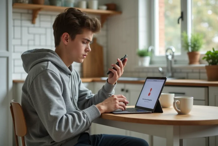 Lycéen frustré face à une erreur de session sur l'application Cyclades depuis la cuisine familiale