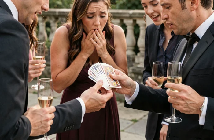 Magicien close-up réalisant un tour de cartes pour des invités stupéfaits lors du vin d'honneur d'un mariage