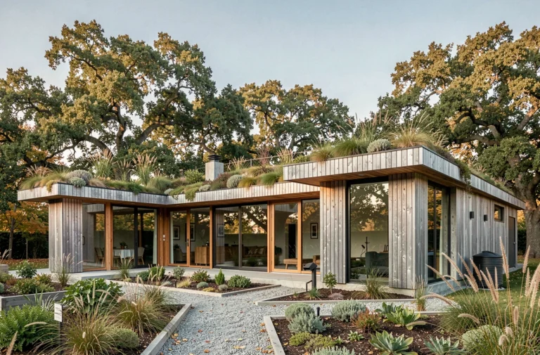 Maison moderne écologique avec toit végétalisé et bardage en bois naturel entourée d'un jardin en permaculture