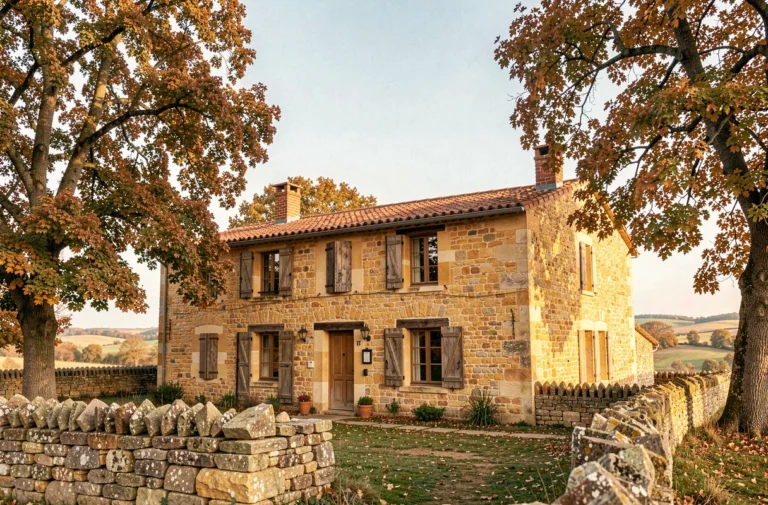 Maison en pierre traditionnelle du Quercy à vendre dans le Lot, entourée de chênes et de murets en pierre sèche