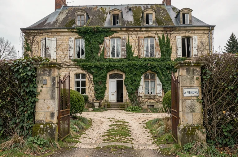 Manoir français délabré à vendre avec façade en pierre couverte de lierre et portail rouillé