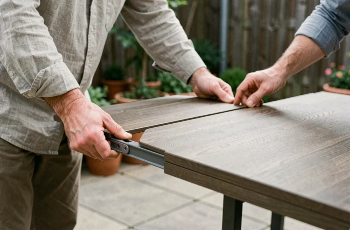 Homme actionnant le mécanisme d'extension d'une table de jardin en aluminium avec plateau effet bois sur une terrasse