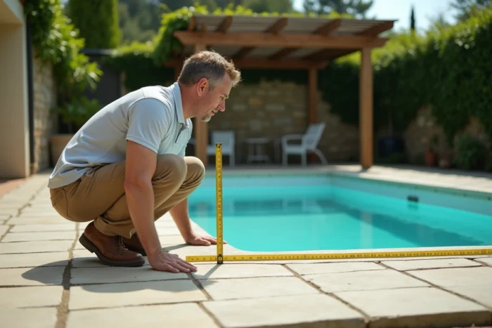 Homme mesurant la superficie d'une piscine enterrée pour respecter les seuils de non-imposition fiscale