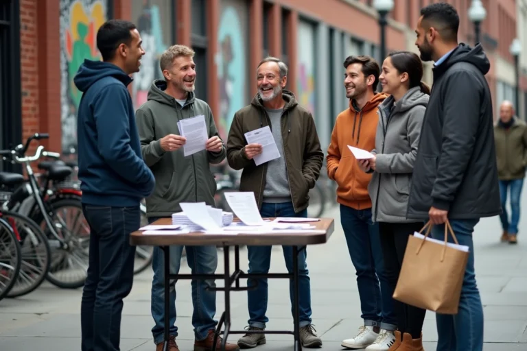 Groupe de militants bénévoles distribant des tracts pour la justice sociale dans un quartier populaire