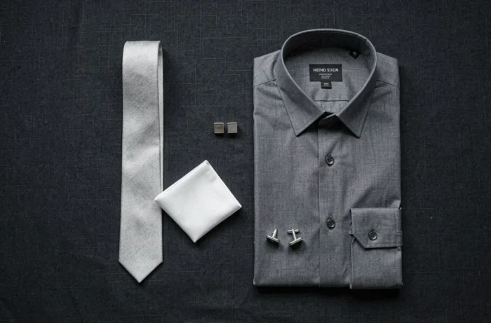 Mise à plat élégante d'une cravate grise, d'une pochette blanche à pointe et d'une chemise grise sur fond de lin anthracite pour illustrer l'art d'assortir les accessoires
