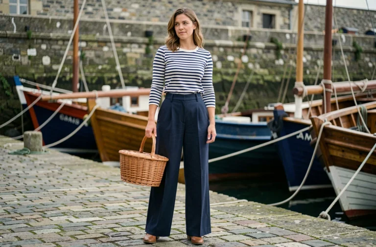 Femme en marinière bretonne rayée sur un quai en pierre d'un port de pêche breton, mode bretonne contemporaine