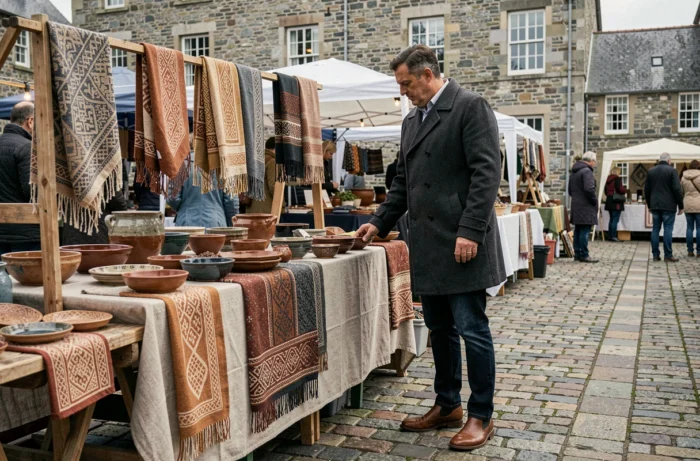 Homme en caban breton au marché artisanal breton, tendances mode masculine Bretagne