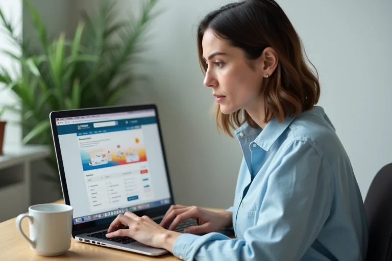 Femme modifiant une réservation de vol Ryanair sur son ordinateur portable depuis son bureau à domicile