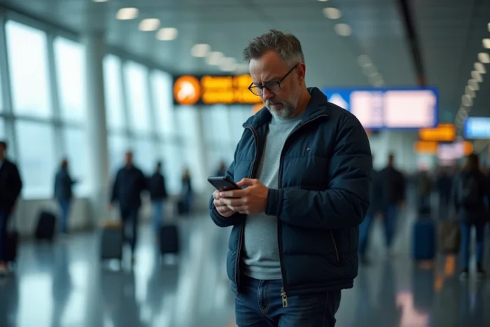 Homme utilisant son smartphone pour modifier une réservation Ryanair dans un terminal d'aéroport animé