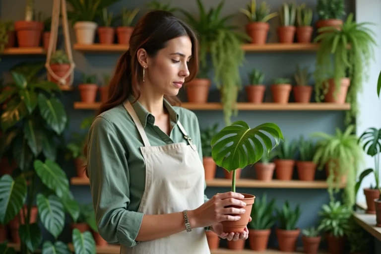 Femme examinant une bouture de monstera dans une boutique de plantes tendance au printemps