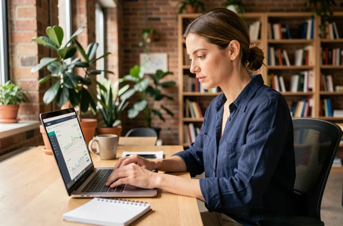 Femme professionnelle optimisant sa présence en ligne sur un ordinateur portable dans un espace de coworking moderne