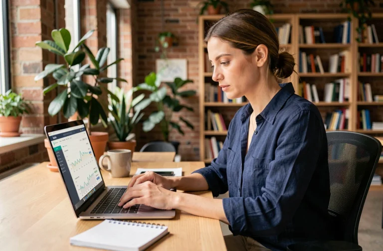 Femme professionnelle optimisant sa présence en ligne sur un ordinateur portable dans un espace de coworking moderne