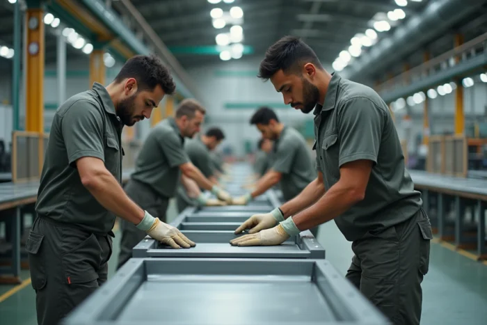 Équipe d'ouvriers assemblant des structures de tables de jardin en aluminium dans l'usine de fabrication Hespéride