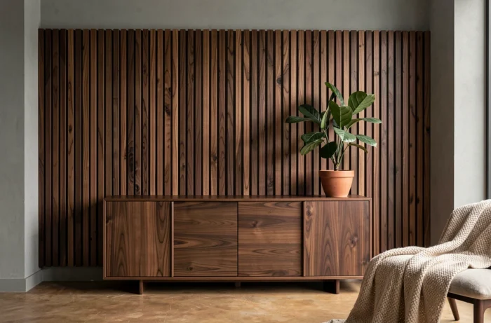 Panneau mural en tasseaux de bois verticaux en noyer foncé au-dessus d'un buffet assorti dans un salon contemporain aux accents naturels