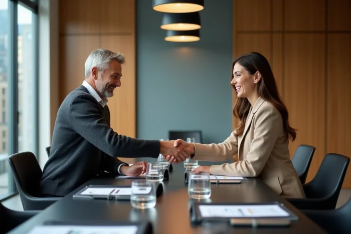 Deux professionnels concluant un partenariat B2B avec une poignée de main dans une salle de réunion haut de gamme