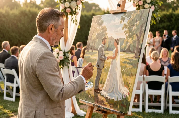 Peintre professionnel réalisant en direct un tableau de la cérémonie de mariage sur un chevalet installé à côté de l'autel