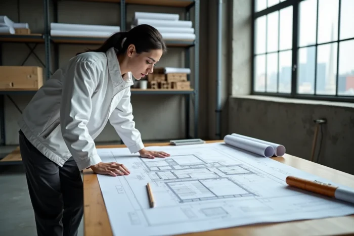 Architecte analyseant des plans de relevé architectural sur une table à dessin dans un studio professionnel