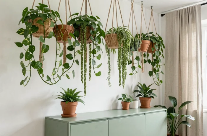 Plantes retombantes en pots suspendus à des hauteurs variées au-dessus d'un buffet vert sauge, créant un rideau végétal luxuriant dans un salon contemporain