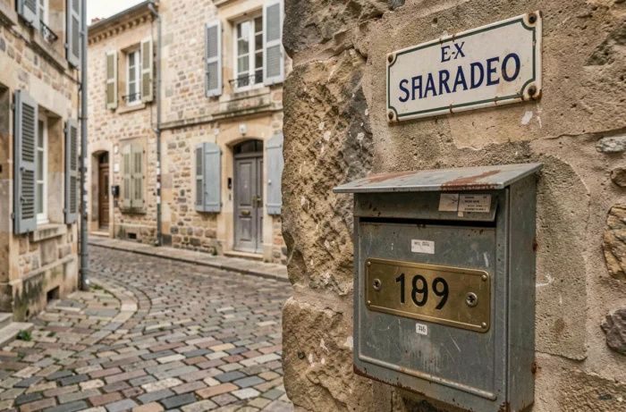 Plaque de numéro de rue et nom de voie sur mur en pierre d'une ville française illustrant les composantes d'une adresse postale