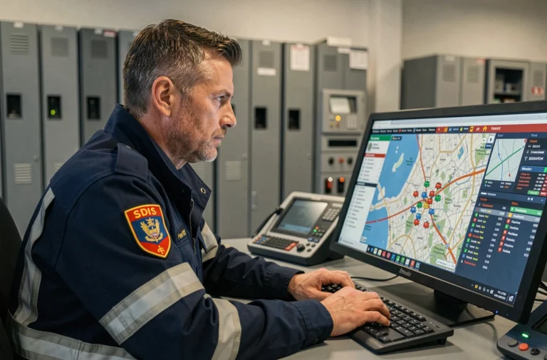 Pompier du SDIS utilisant le logiciel Iris Pompier sur un écran tactile dans une salle de commandement opérationnelle