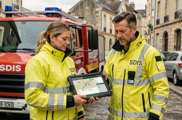 Deux pompiers SDIS consultant l'application Iris Pompier sur tablette tactile à côté d'un camion de pompiers en intervention urbaine