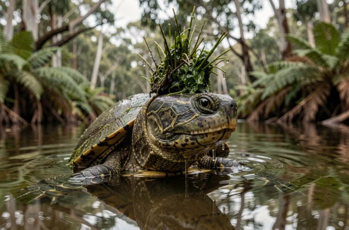 Gros plan sur le visage et la crête d'algues vertes d'une tortue Mary River émergeant à la surface d'une rivière australienne