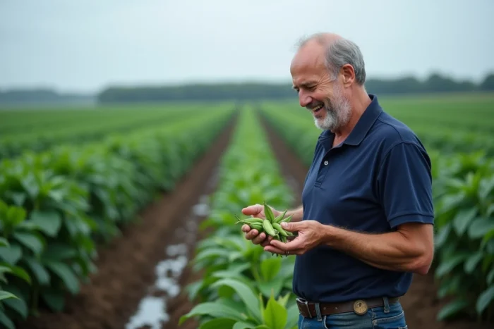 Producteur de coco de Paimpol tenant des gousses fraîchement récoltées dans son champ en Bretagne