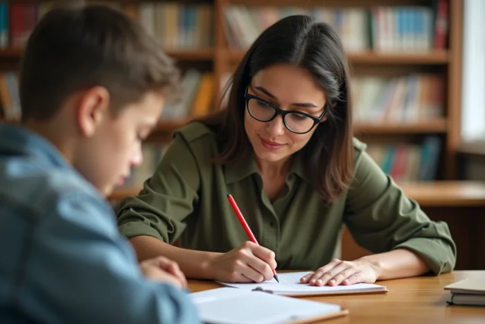 Professeure de français corrigeant une rédaction de collégien en cinquième dans une bibliothèque scolaire