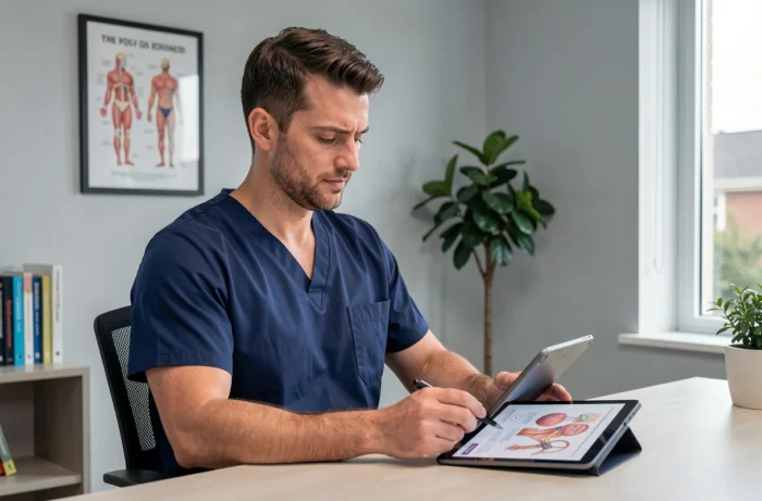 Professionnel de santé en consultation médicale examinant des informations anatomiques sur une tablette dans un cabinet médical moderne