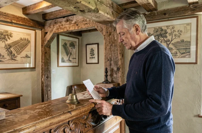 Propriétaire d'une maison d'hôtes à Gevrey-Chambertin accueillant une demande de contact à la réception en pierre