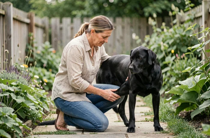 Femme massant la patte arrière de son labrador noir dans le jardin, soin naturel pour chien souffrant d'arthrose avec harpagophytum