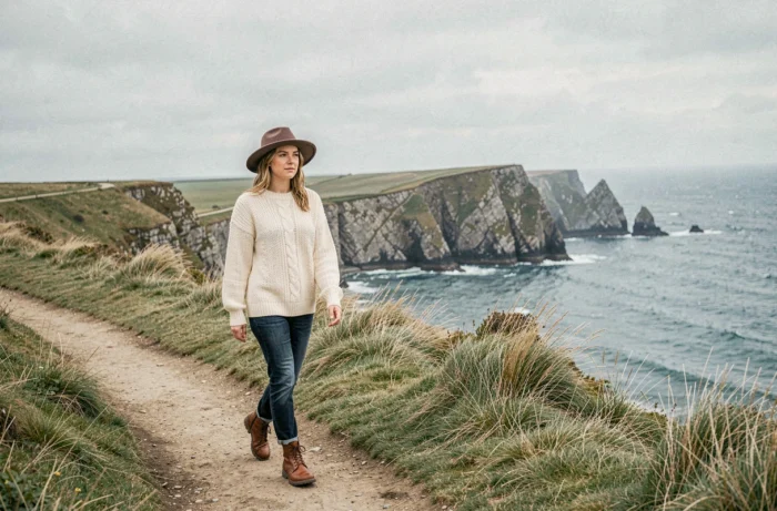 Jeune femme en pull irlandais sur un sentier côtier breton face à l'Atlantique, mode bretonne tendance