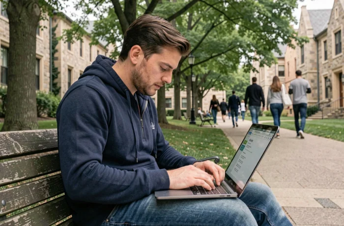 Homme recherchant des formations professionnelles sur son ordinateur portable dans un campus universitaire