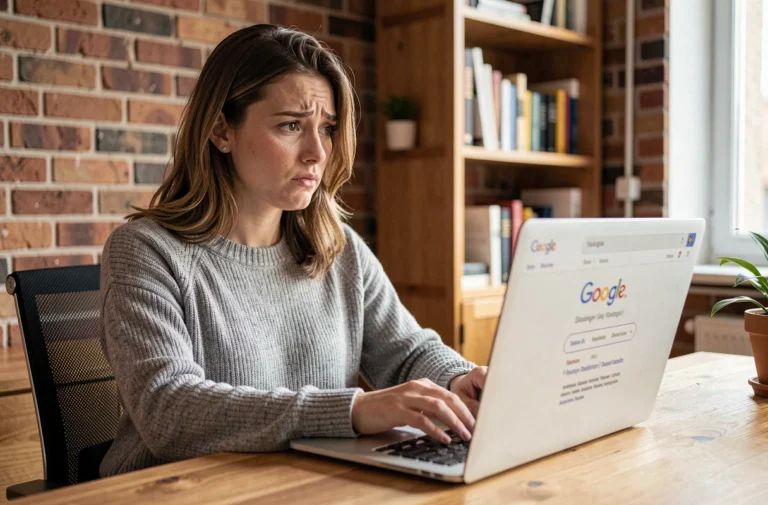 Jeune femme cherchant le mot-clé tarenoi sur Google depuis son bureau à domicile