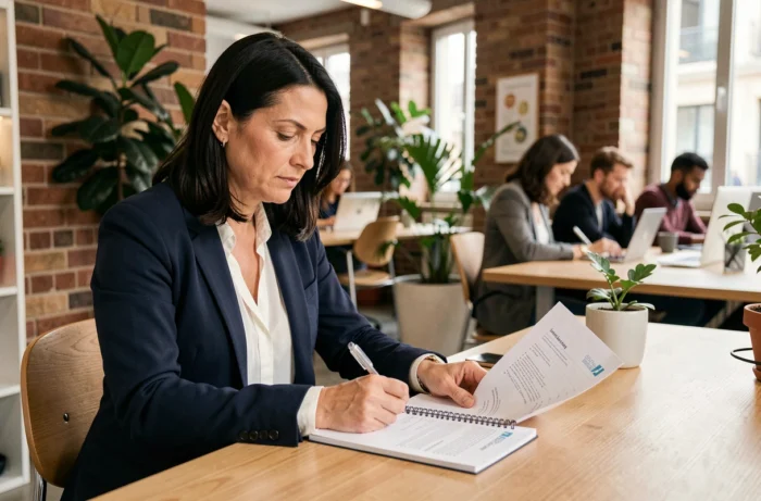 Femme de 38 ans en reconversion professionnelle prenant des notes dans un espace de coworking parisien