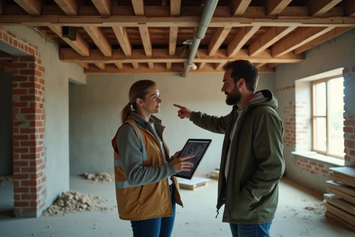 Deux professionnels consultant un relevé 3D sur tablette lors d'une visite de chantier de rénovation