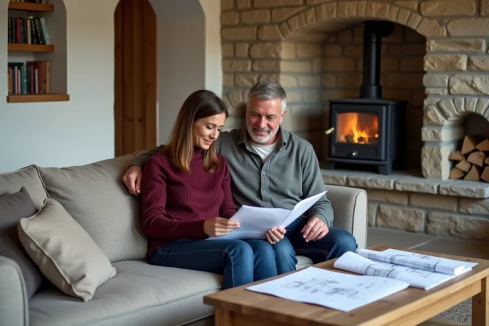 Couple étudiant des plans d'isolation thermique dans le salon en pierre rénovée d'une maison ancienne avec poêle à bois