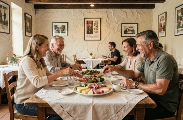 Groupe d'amis attablés partageant un repas convivial avec charcuterie et fromages au restaurant Chez Sylvie et Jérôme