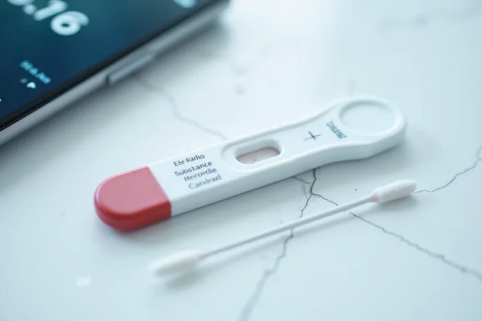 Gros plan d'un test salivaire rapide de détection de cocaïne avec cassette de résultat et minuterie affichée sur smartphone
